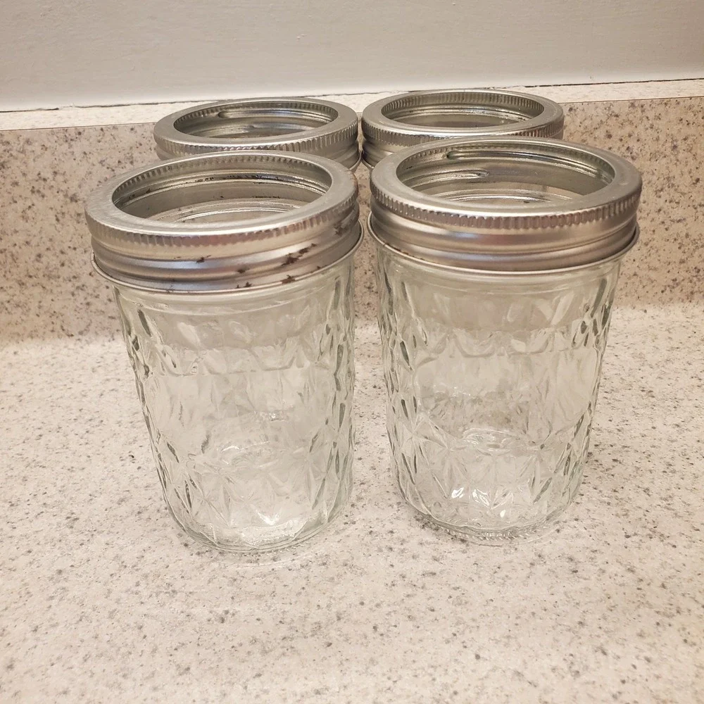 4 Vintage Quilted Crystal Glass Jelly Jars 6 oz Jam Canning Mason Jar w Rings